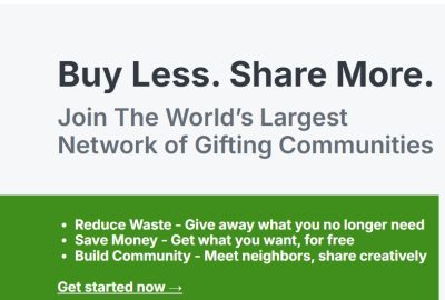 Buy Less. Share More. Join the World's Largest Network of Gifting Communities (screenshot of BuyNothing Project's homepage)